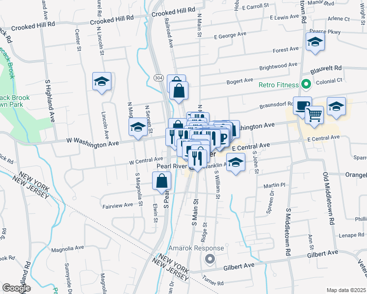 map of restaurants, bars, coffee shops, grocery stores, and more near 54 Dexter Plaza in Pearl River