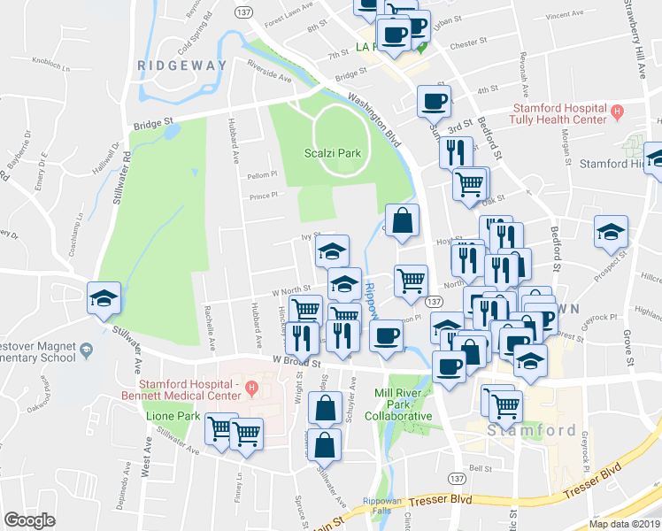 map of restaurants, bars, coffee shops, grocery stores, and more near 18 Powell Place in Stamford