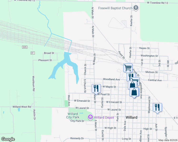 map of restaurants, bars, coffee shops, grocery stores, and more near 517 Fink Street in Willard