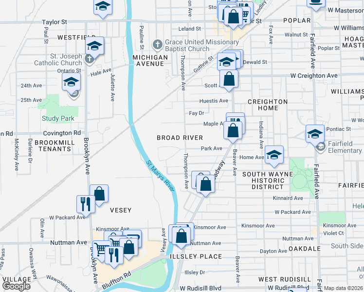 map of restaurants, bars, coffee shops, grocery stores, and more near 1350 Park Avenue in Fort Wayne