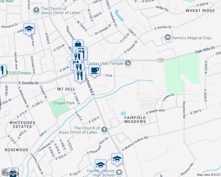 map of restaurants, bars, coffee shops, grocery stores, and more near 1347 East Rosewood Lane in Layton