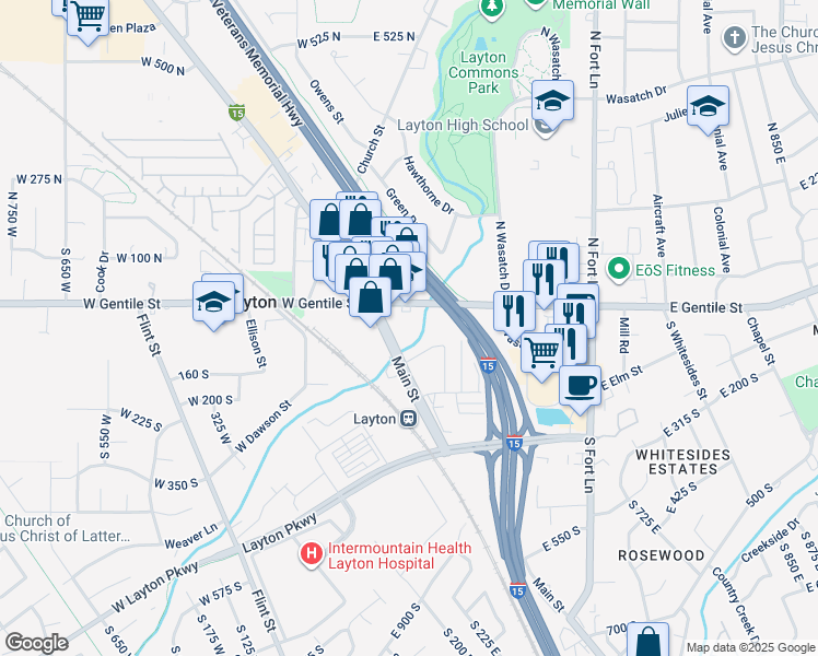 map of restaurants, bars, coffee shops, grocery stores, and more near 69 South Main Street in Layton