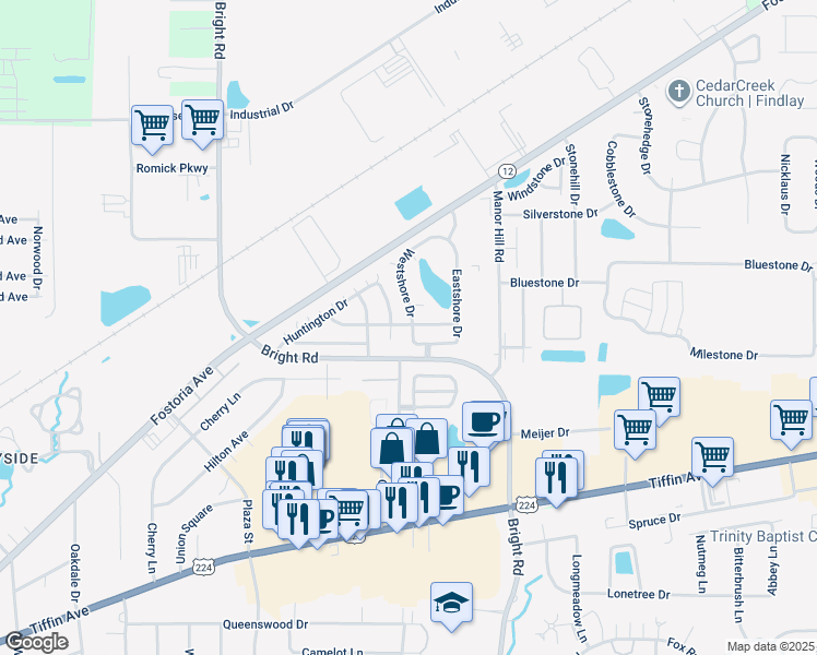 map of restaurants, bars, coffee shops, grocery stores, and more near 1414 Westshore Drive in Findlay