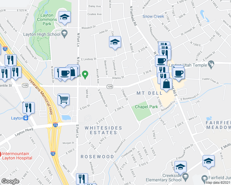 map of restaurants, bars, coffee shops, grocery stores, and more near 757 East 75 South in Layton