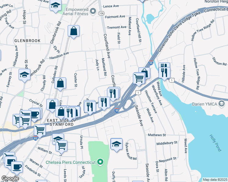 map of restaurants, bars, coffee shops, grocery stores, and more near 32 Courtland Avenue in Stamford