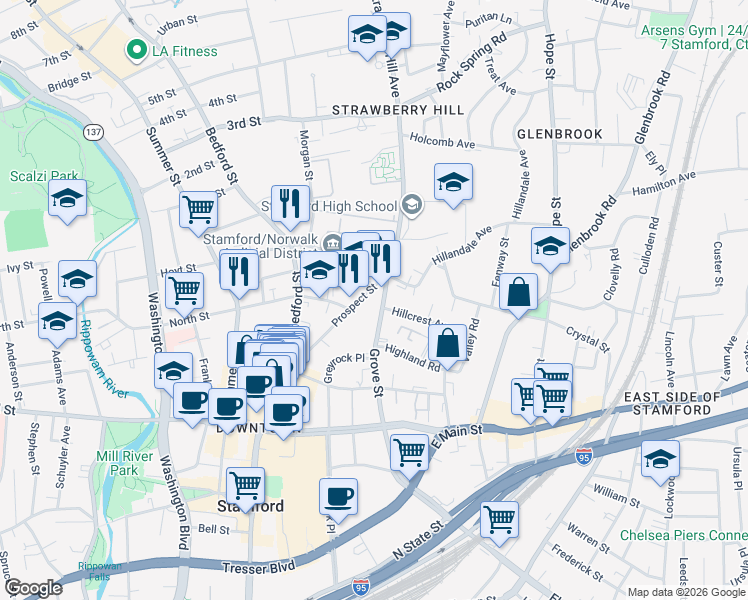 map of restaurants, bars, coffee shops, grocery stores, and more near 123 Prospect Street in Stamford