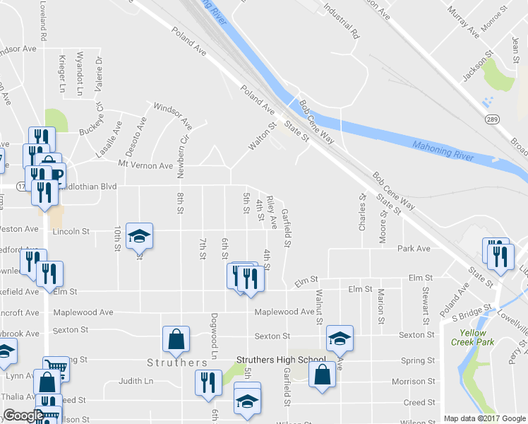 map of restaurants, bars, coffee shops, grocery stores, and more near 3943 4th Street in Struthers