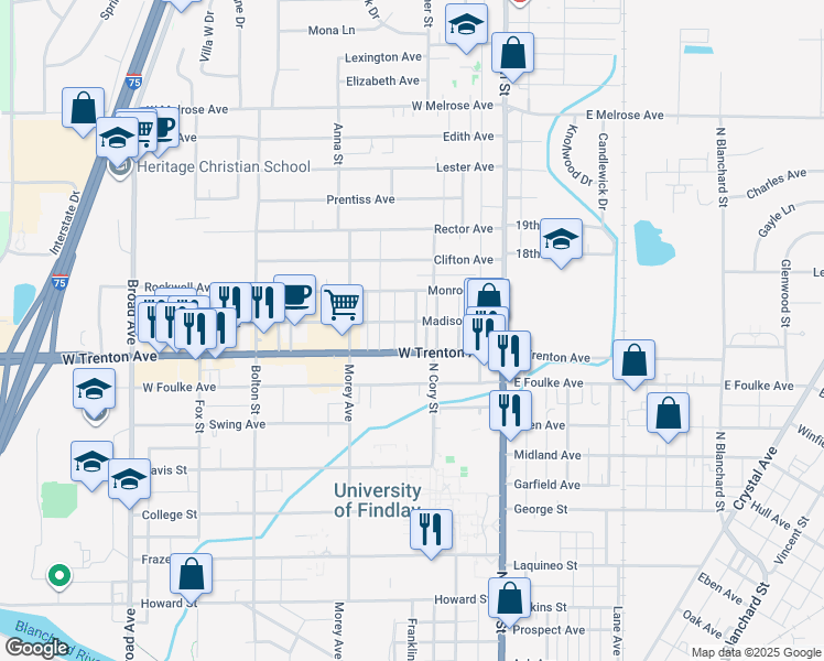 map of restaurants, bars, coffee shops, grocery stores, and more near 219 Madison Avenue in Findlay