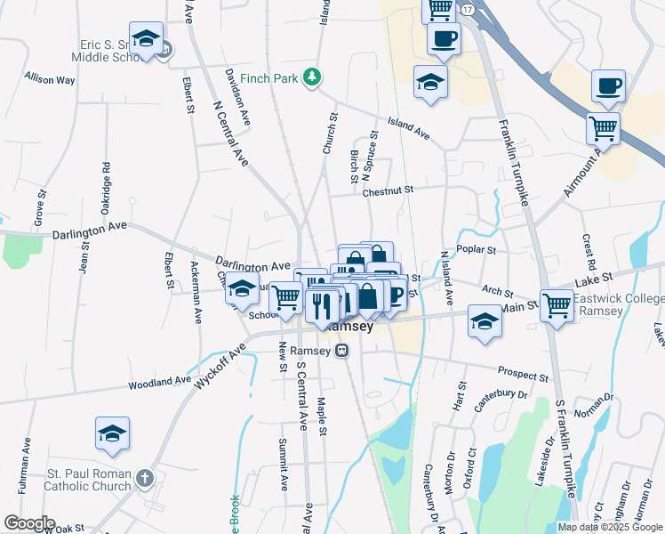 map of restaurants, bars, coffee shops, grocery stores, and more near 63 Church Street in Ramsey