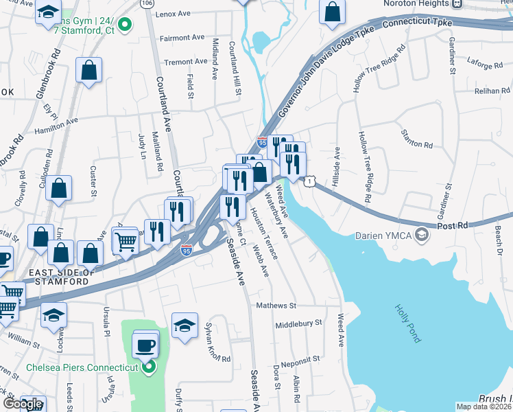 map of restaurants, bars, coffee shops, grocery stores, and more near 16 Houston Terrace in Stamford