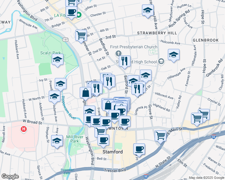 map of restaurants, bars, coffee shops, grocery stores, and more near 885 Summer St in Stamford