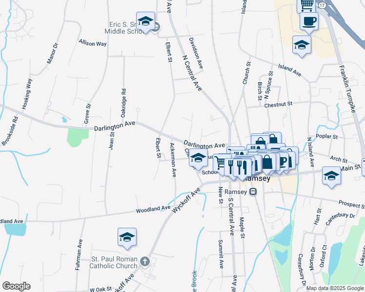 map of restaurants, bars, coffee shops, grocery stores, and more near 79 Cherry Ln in Ramsey
