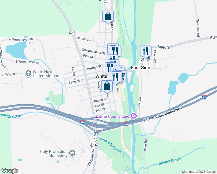 map of restaurants, bars, coffee shops, grocery stores, and more near 512 Towanda Street in White Haven