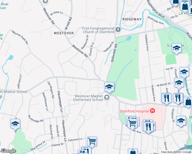 map of restaurants, bars, coffee shops, grocery stores, and more near 37 Palmer Hill Road in Stamford