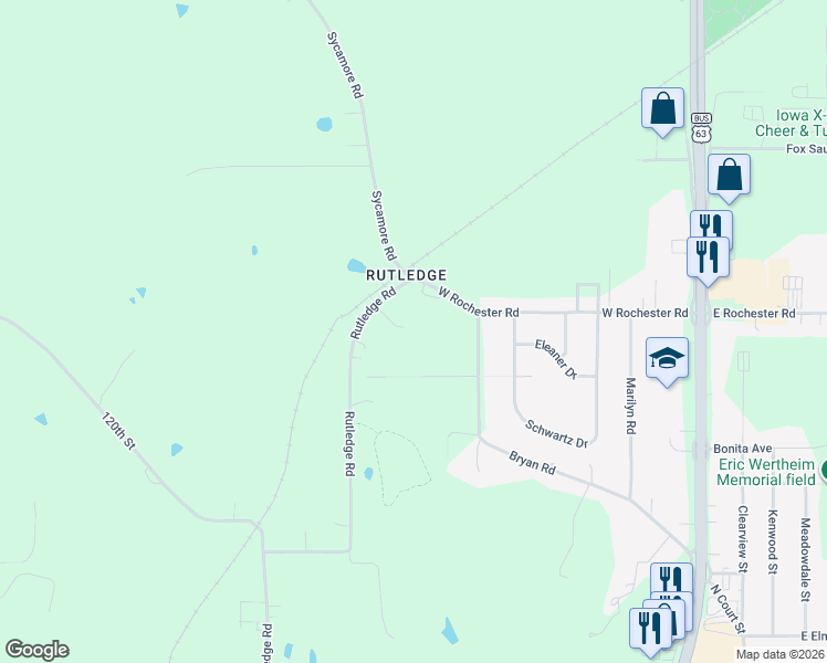 map of restaurants, bars, coffee shops, grocery stores, and more near 12023-12099 Rutledge Road in Ottumwa