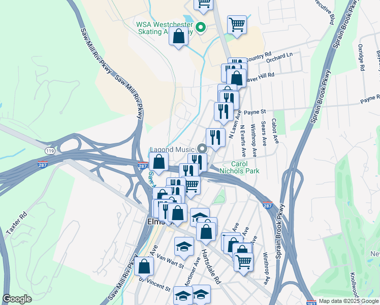 map of restaurants, bars, coffee shops, grocery stores, and more near 38 Hayes Street in Elmsford