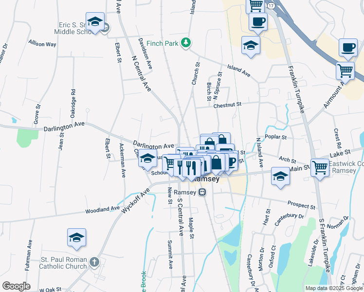 map of restaurants, bars, coffee shops, grocery stores, and more near 70 North Central Avenue in Ramsey