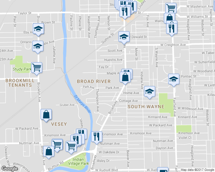 map of restaurants, bars, coffee shops, grocery stores, and more near 1308 Park Avenue in Fort Wayne