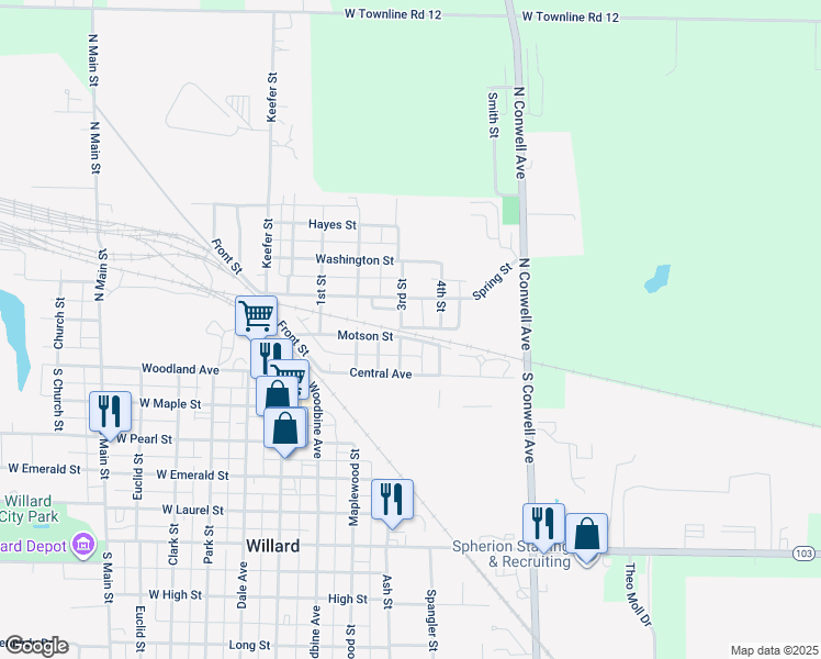 map of restaurants, bars, coffee shops, grocery stores, and more near 108 3rd Street in Willard