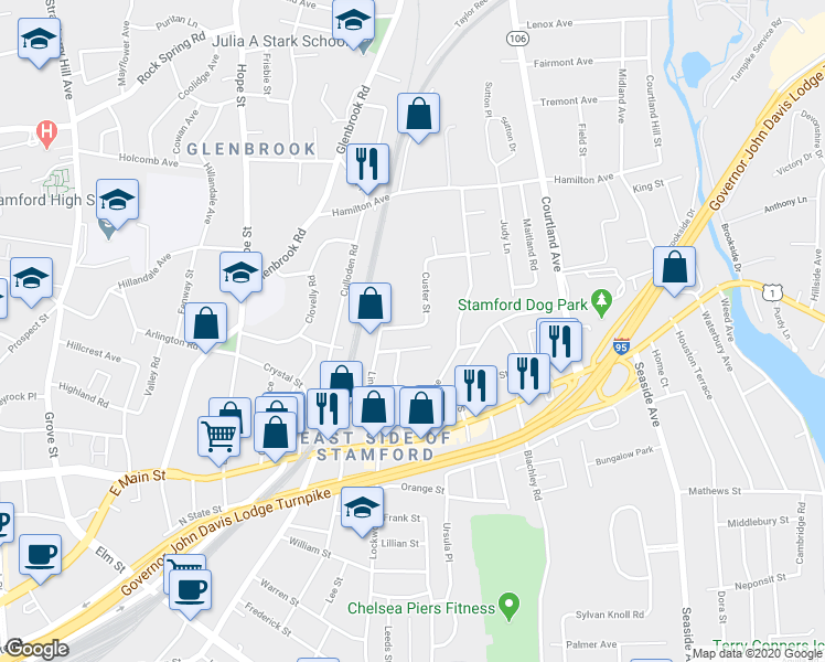 map of restaurants, bars, coffee shops, grocery stores, and more near 25 Custer Street in Stamford