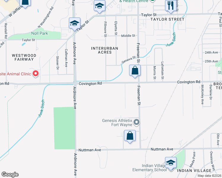 map of restaurants, bars, coffee shops, grocery stores, and more near 3425 Covington Road in Fort Wayne