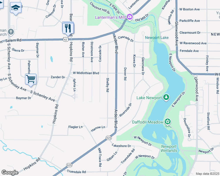 map of restaurants, bars, coffee shops, grocery stores, and more near 4009 Shelby Road in Youngstown