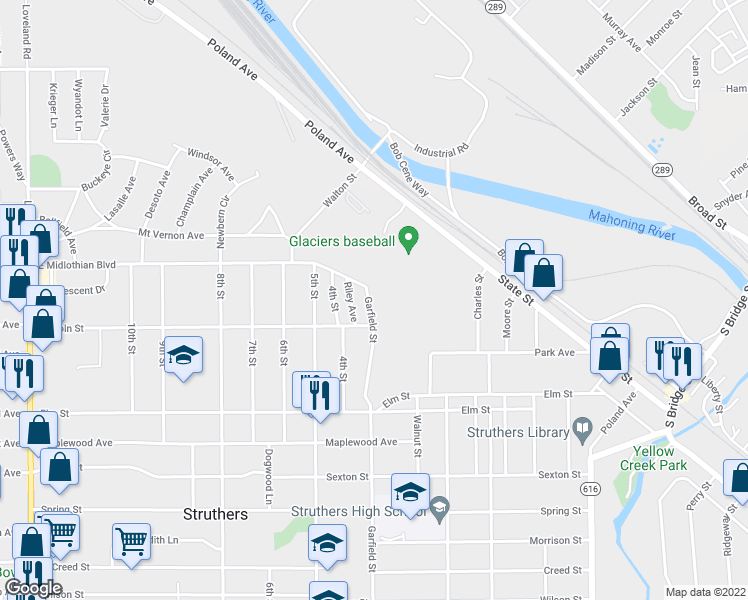 map of restaurants, bars, coffee shops, grocery stores, and more near 440 Garfield Street in Struthers