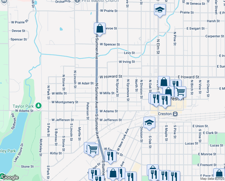 map of restaurants, bars, coffee shops, grocery stores, and more near 301-329 North Jarvis Street in Creston
