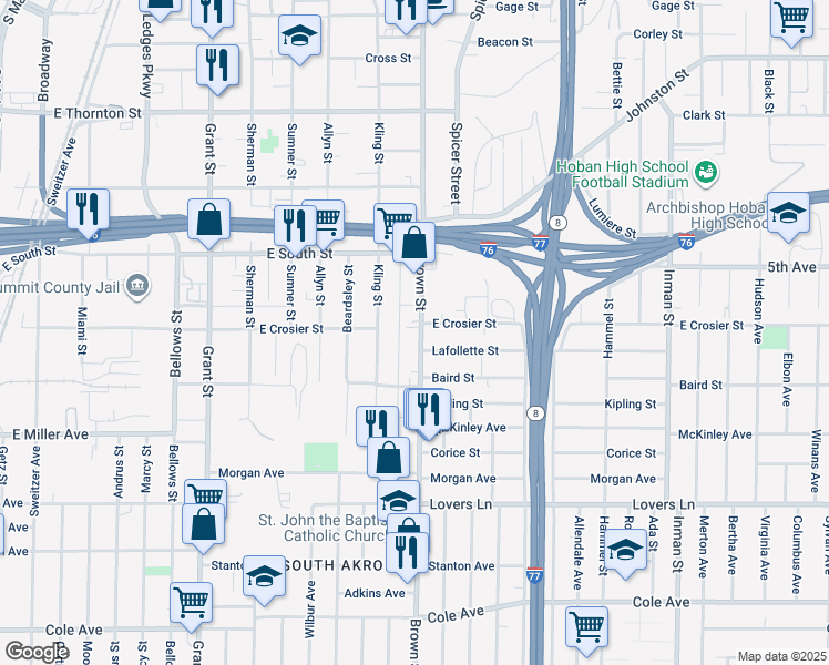map of restaurants, bars, coffee shops, grocery stores, and more near 820 Brown Street in Akron