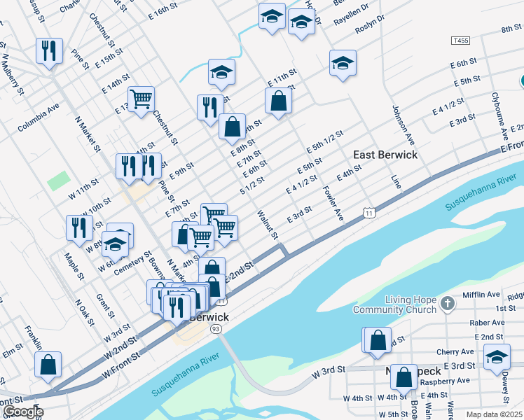 map of restaurants, bars, coffee shops, grocery stores, and more near 410 Walnut Street in Berwick