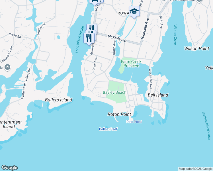 map of restaurants, bars, coffee shops, grocery stores, and more near 3 Pine Point Road in Norwalk
