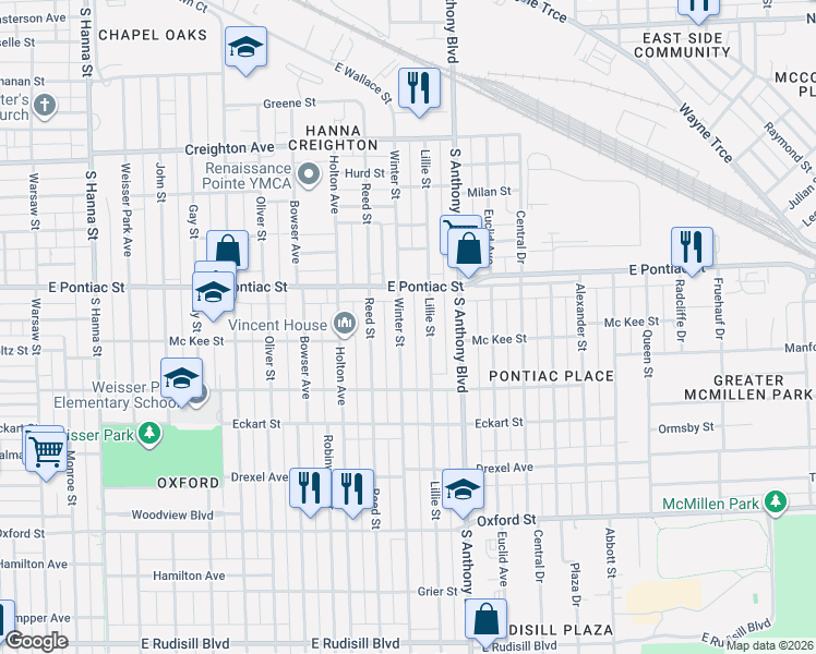 map of restaurants, bars, coffee shops, grocery stores, and more near 2809 Winter Street in Fort Wayne