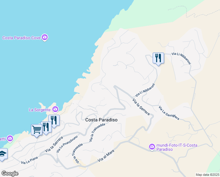 map of restaurants, bars, coffee shops, grocery stores, and more near 9 Via Lu Ciuoni in Costa Paradiso
