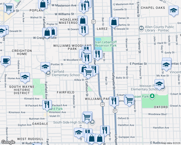 map of restaurants, bars, coffee shops, grocery stores, and more near 118 East Leith Street in Fort Wayne