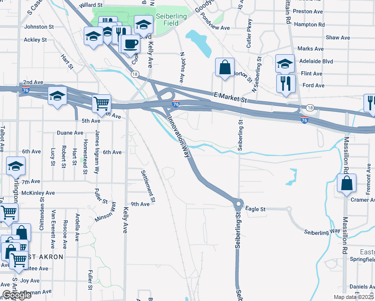 map of restaurants, bars, coffee shops, grocery stores, and more near Innovation Way in Akron