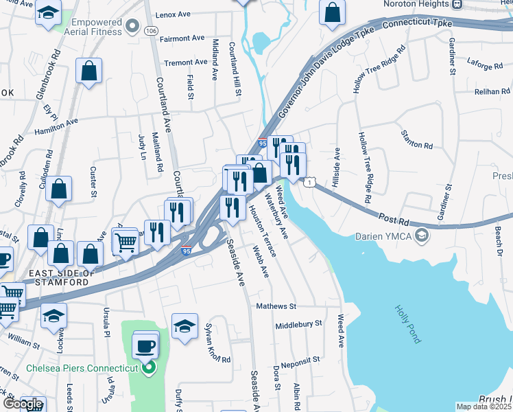 map of restaurants, bars, coffee shops, grocery stores, and more near 16 Houston Terrace in Stamford