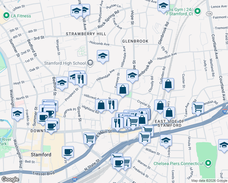 map of restaurants, bars, coffee shops, grocery stores, and more near 13 Fenway Street in Stamford