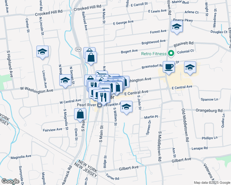 map of restaurants, bars, coffee shops, grocery stores, and more near 5 North William Street in Pearl River
