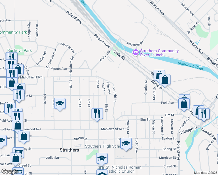 map of restaurants, bars, coffee shops, grocery stores, and more near 3943 4th Street in Struthers