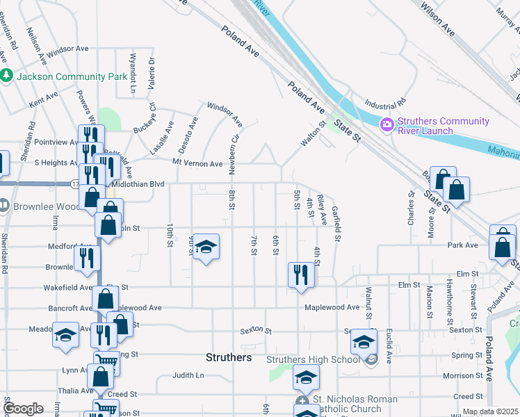 map of restaurants, bars, coffee shops, grocery stores, and more near 433 6th Street in Struthers