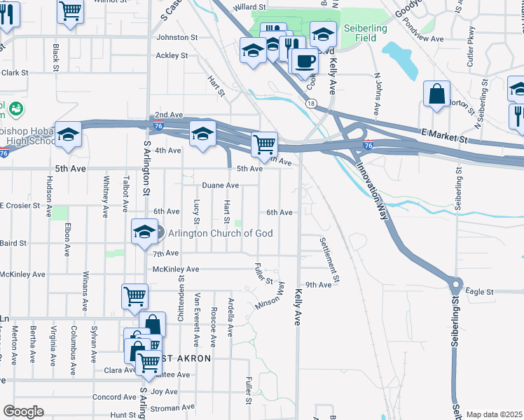 map of restaurants, bars, coffee shops, grocery stores, and more near 395 Homestead Street in Akron