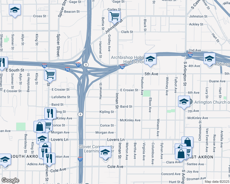 map of restaurants, bars, coffee shops, grocery stores, and more near 784 East Crosier Street in Akron