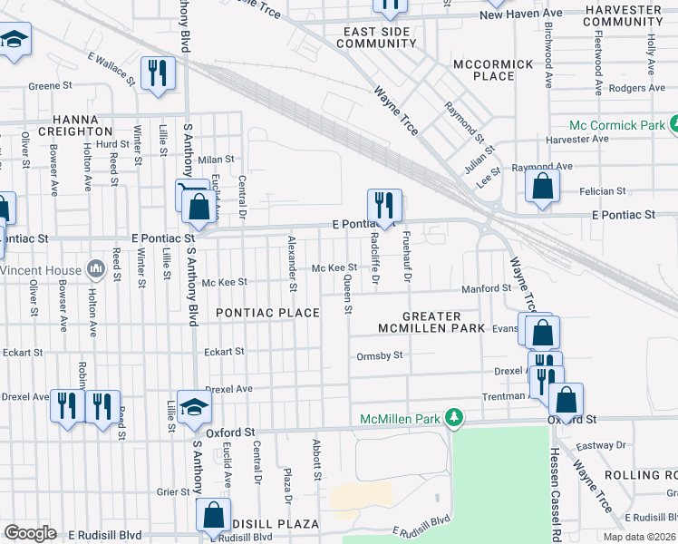 map of restaurants, bars, coffee shops, grocery stores, and more near 2328 Mc Kee Street in Fort Wayne