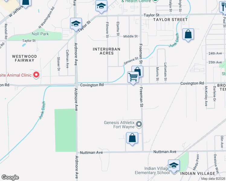 map of restaurants, bars, coffee shops, grocery stores, and more near 3425 Covington Road in Fort Wayne