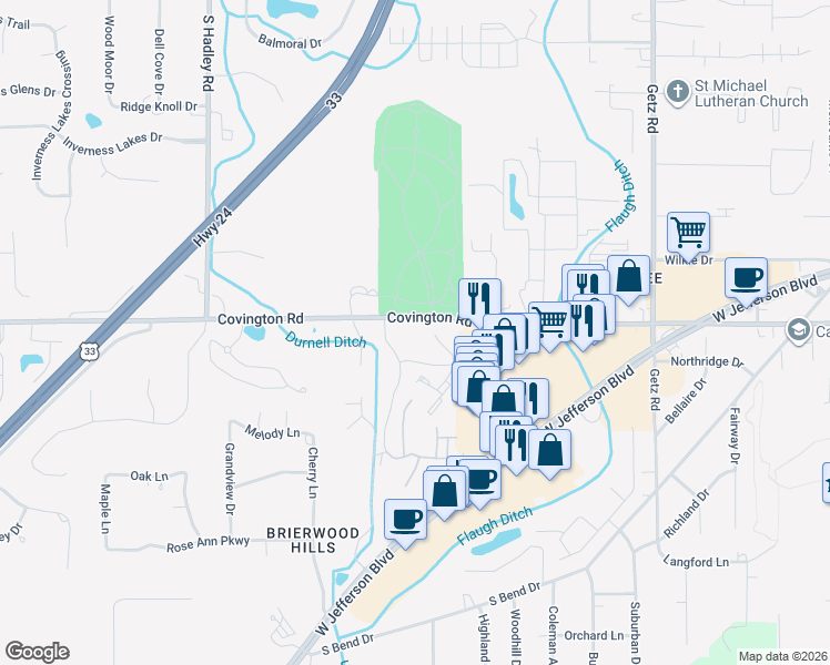 map of restaurants, bars, coffee shops, grocery stores, and more near 6601-6859 Covington Road in Fort Wayne