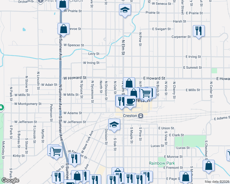 map of restaurants, bars, coffee shops, grocery stores, and more near 299 North Oak Street in Creston