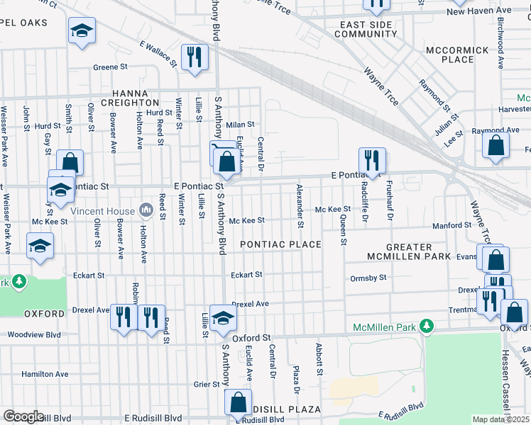 map of restaurants, bars, coffee shops, grocery stores, and more near 2815 Central Drive in Fort Wayne