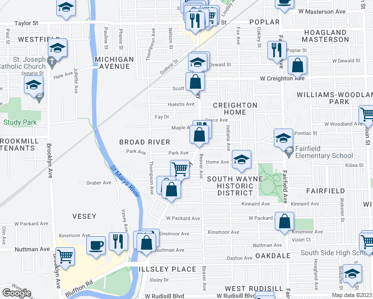 map of restaurants, bars, coffee shops, grocery stores, and more near 1204 Park Avenue in Fort Wayne