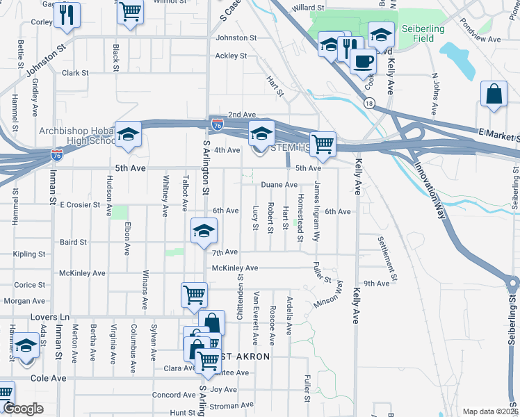map of restaurants, bars, coffee shops, grocery stores, and more near 467 Lucy Street in Akron