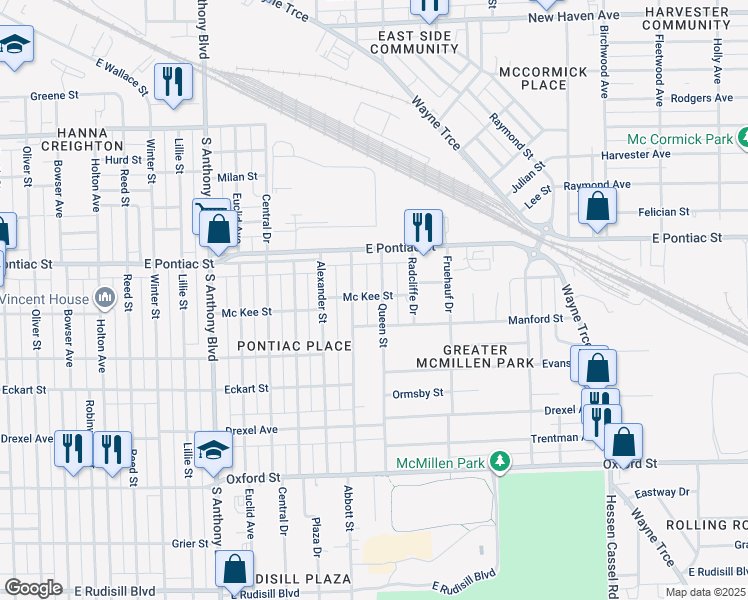 map of restaurants, bars, coffee shops, grocery stores, and more near 2328 Mc Kee Street in Fort Wayne